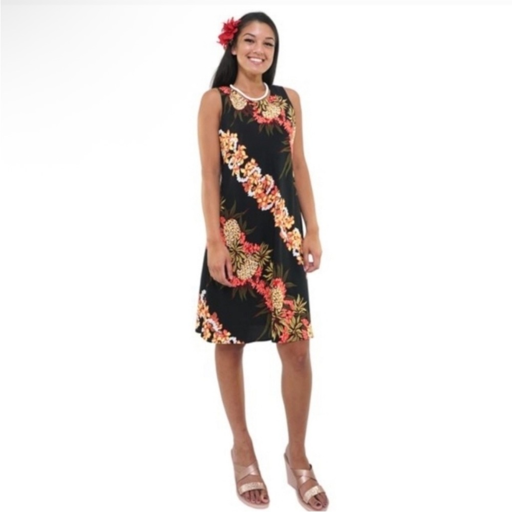 Hilo Hattie Hawaiian Midi Dress Made in USA Sleeveless Tank Pineapple Floral
